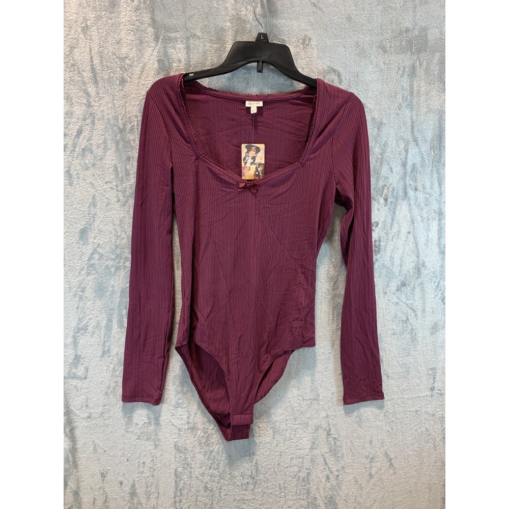 Selfie by Self Esteem Womens Plum Purple Ribbed Lace Trim Long Sleeve Bodysuit L